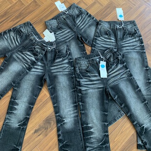 “鬼洗”美式vibe风重磅猫须黑灰水波纹517微喇弹力修身牛仔裤男