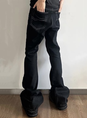 巴黎风格明线后跟破坏巨显瘦bootcut效果拖地黑色微喇牛仔裤男潮