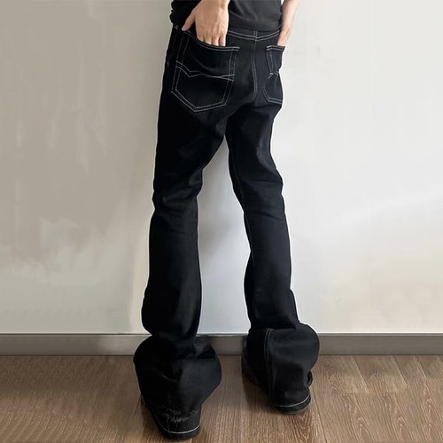 bootcut效果拖地黑色微喇牛仔裤