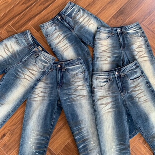 Cleanfit风水洗裂痕猫须脏染弯刀版型蓝色牛仔裤微喇修身长裤子男