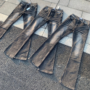 美式立体压皱猫须水洗黑灰牛Vintage517质感微喇弹力修身牛仔裤男