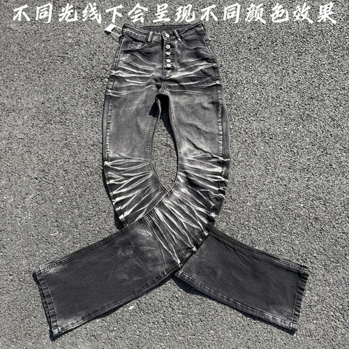 水洗褶皱弯刀黑牛堆积感长裤子男