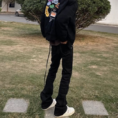 显瘦拖地长裤 修身 子男 高街vibe风长飘带黑色微喇叭潮牌牛仔裤 美式