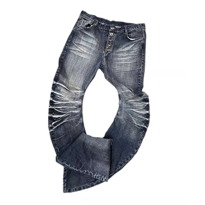 高街堆积感牛仔裤排扣波纹裂痕男