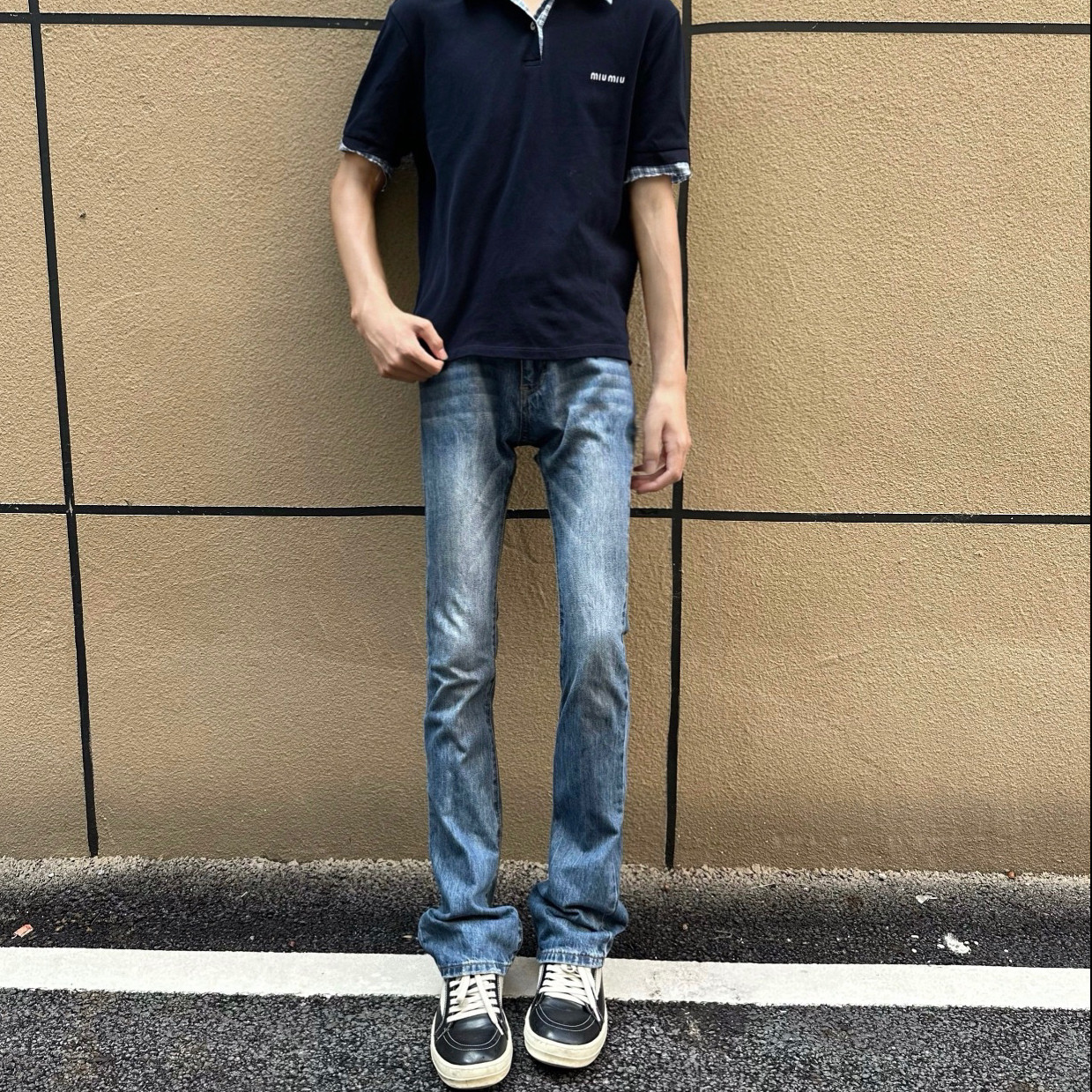 cleanfit高街猫须竹节做旧牛仔裤图片