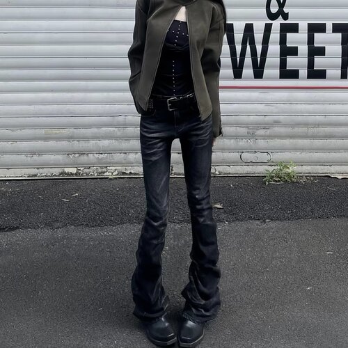 水洗黑灰微喇牛仔裤窄版高街男女