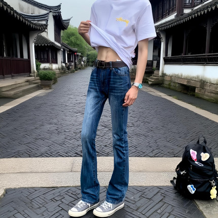 美式高街vibe风重磅水洗竹节棉vintage517质感微喇修身牛仔裤男潮