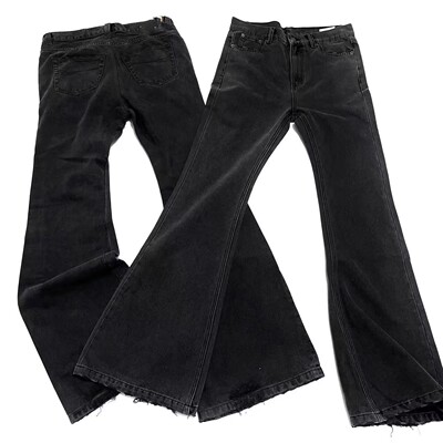 巴黎风格黑灰战损水洗喇叭牛仔裤