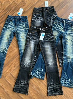 美式vibe风高街手工猫须破洞微喇高弹牛仔裤cleanfit517长裤子男