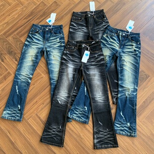 美式vibe风高街手工猫须破洞微喇高弹牛仔裤cleanfit517长裤子男