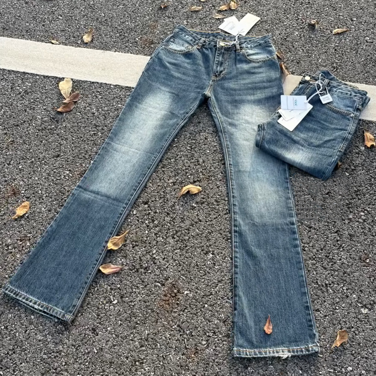 深蓝竹节纹517直筒微喇牛仔裤男