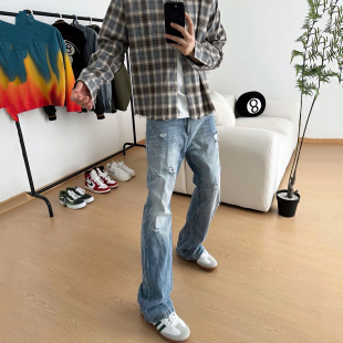 美式复古蓝色流苏破坏微喇牛仔裤517蓝牛cleanfit痞帅休闲长裤男