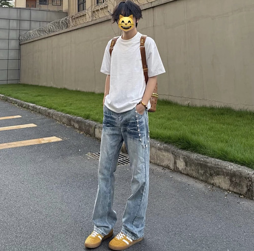 美式爆裂闪电纹水洗扎蓝牛仔裤男