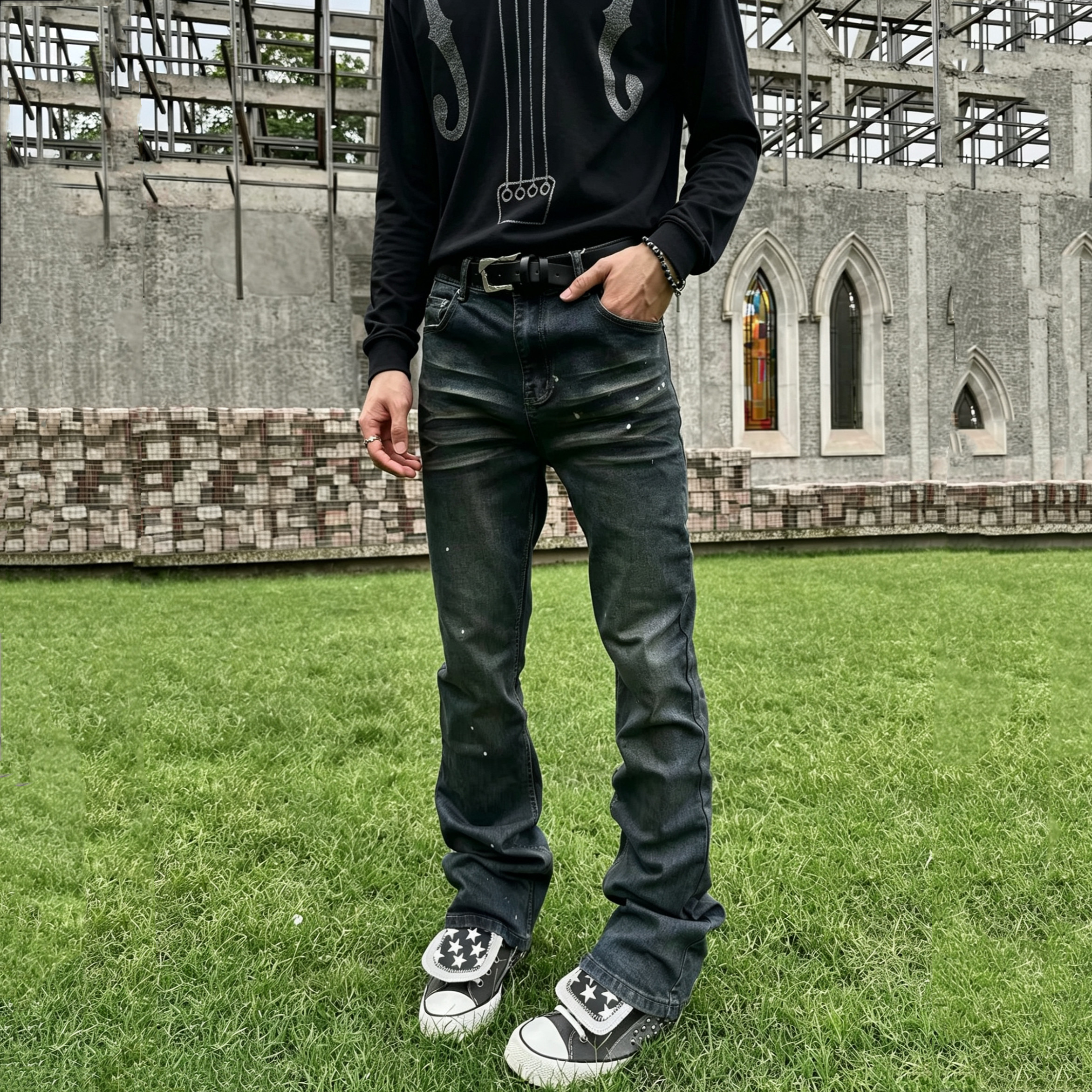 修身弹力水洗微喇直筒牛仔裤子男图片