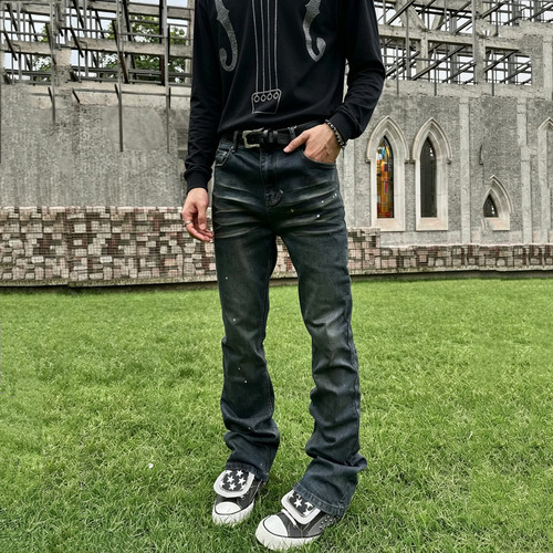 修身弹力水洗微喇直筒牛仔裤子男