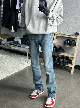 欧美FOG重磅水洗浅蓝色做旧 修身直筒微喇叭弹力复古牛仔长裤裤男
