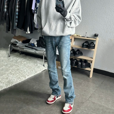 修身直筒微喇叭弹力复古牛仔长裤