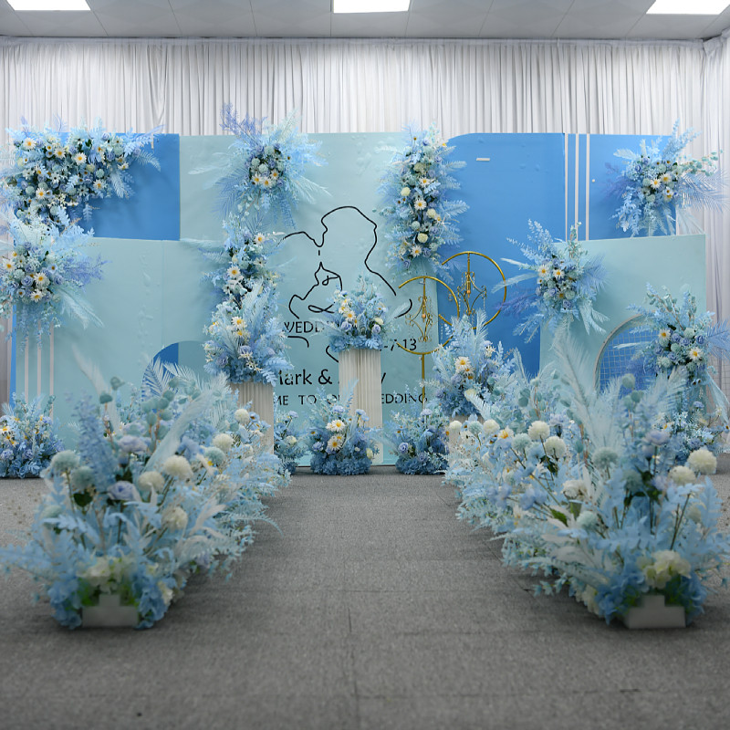 蓝色婚庆花艺羽毛仿真花婚礼布置地排花路引花点花背景角花迎宾区