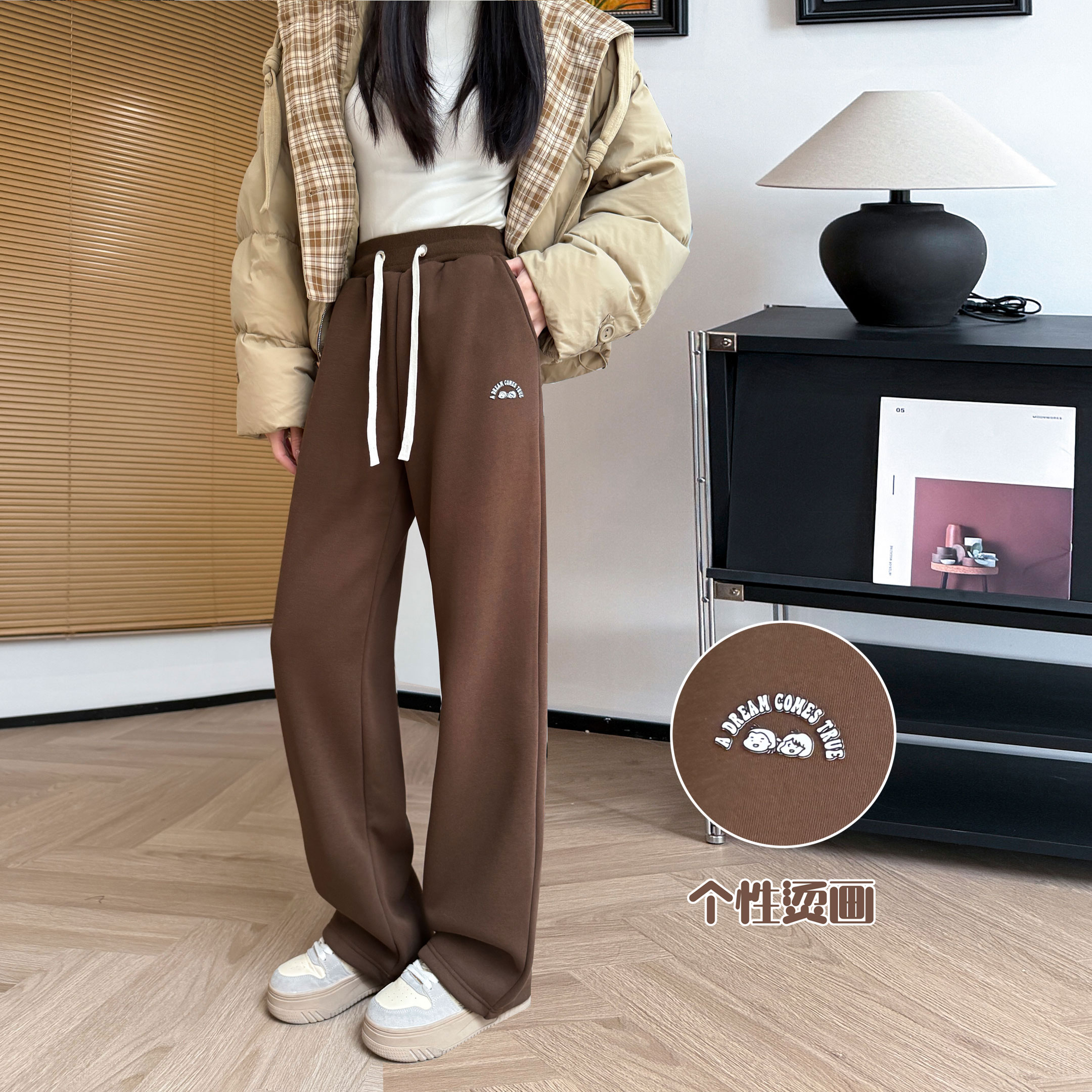 冬加绒休闲裤子纯棉宽松直筒阔腿