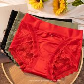 收腹内裤 女中高腰蕾丝边性感透明少女士冰丝本命年红色抗菌纯棉裆