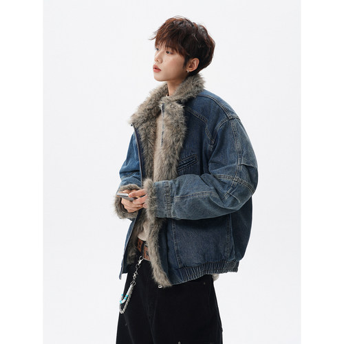 美式毛领牛仔羽绒服男士冬季青少年男生短款加厚座山雕棉衣袄外套