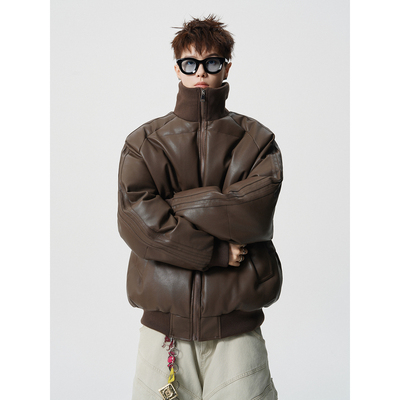 高级感PU皮羽绒服男士冬季潮牌痞帅青少年男生短款加厚防寒棉衣袄