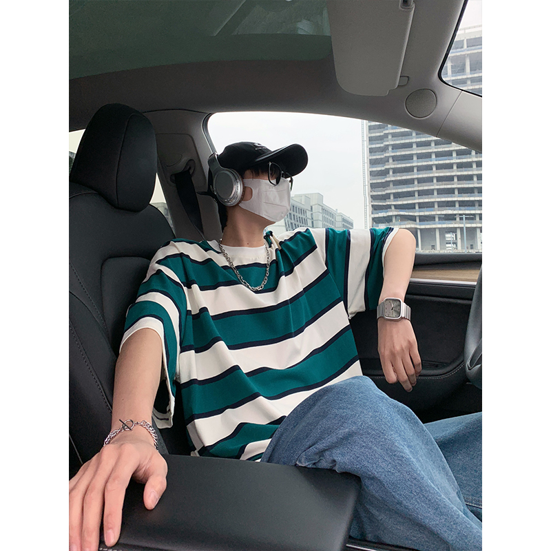 美式高级感条纹短袖t恤男士夏季2025新款潮牌痞帅青少年生半截袖