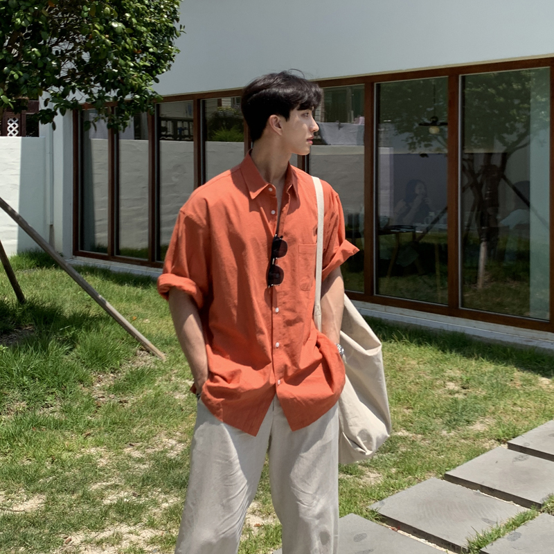 设计高级感棉麻短袖衬衫男士夏季款潮牌潮流痞帅宽松休闲衬衣外套