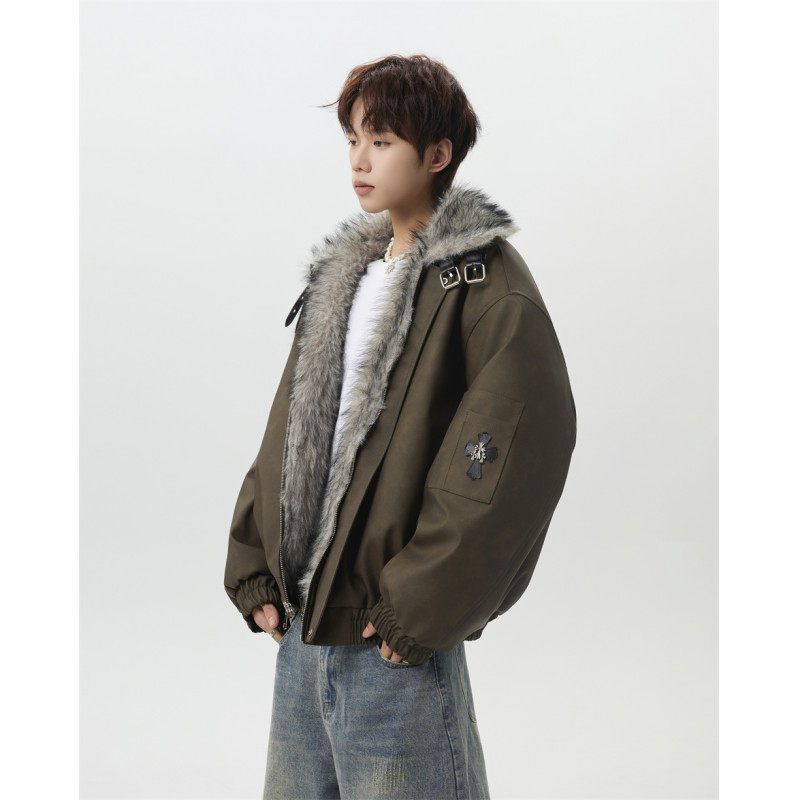 美式PU皮毛领羽绒服男士冬季潮牌帅气青少年加厚座山雕棉衣袄外套