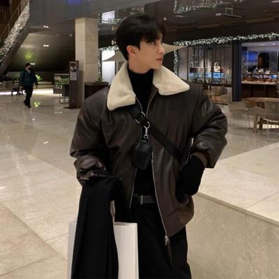 高级感PU皮羽绒服男士冬季加厚潮牌痞帅短款羊羔毛绒棉衣棉服外套