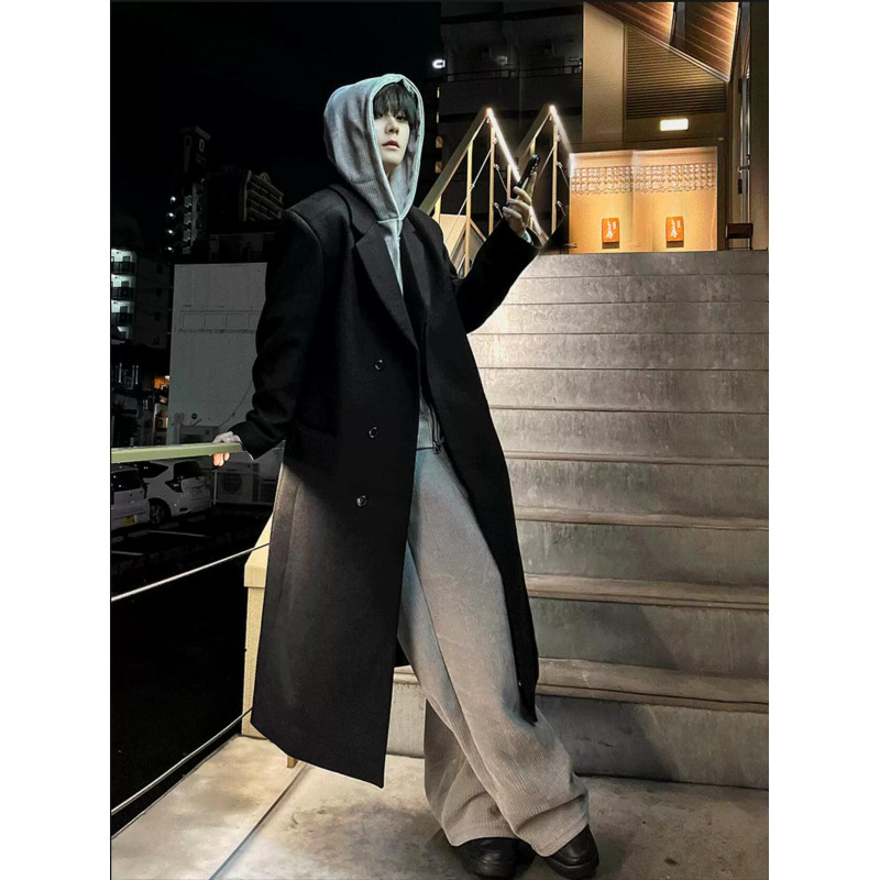 高级感克苏鲁毛呢大衣男士秋冬季加厚中长款德式战壕呢子风衣外套