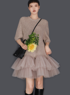 TEATREE24秋原创网纱拼接羊毛连衣裙A字裙宽松显瘦毛衣针织鱼尾裙