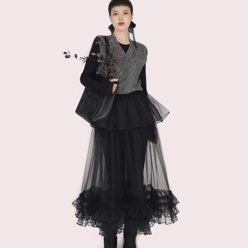 羊毛TEATREE秋冬网纱拼接连衣裙