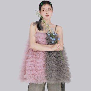 TEATREE《花影系列》网纱花苞氛围感吊带上衣裙设计感蓬蓬连衣裙