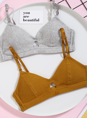 法式bra简约纯棉内衣女性感镂空小胸三角杯胸罩少女柔软文胸薄款