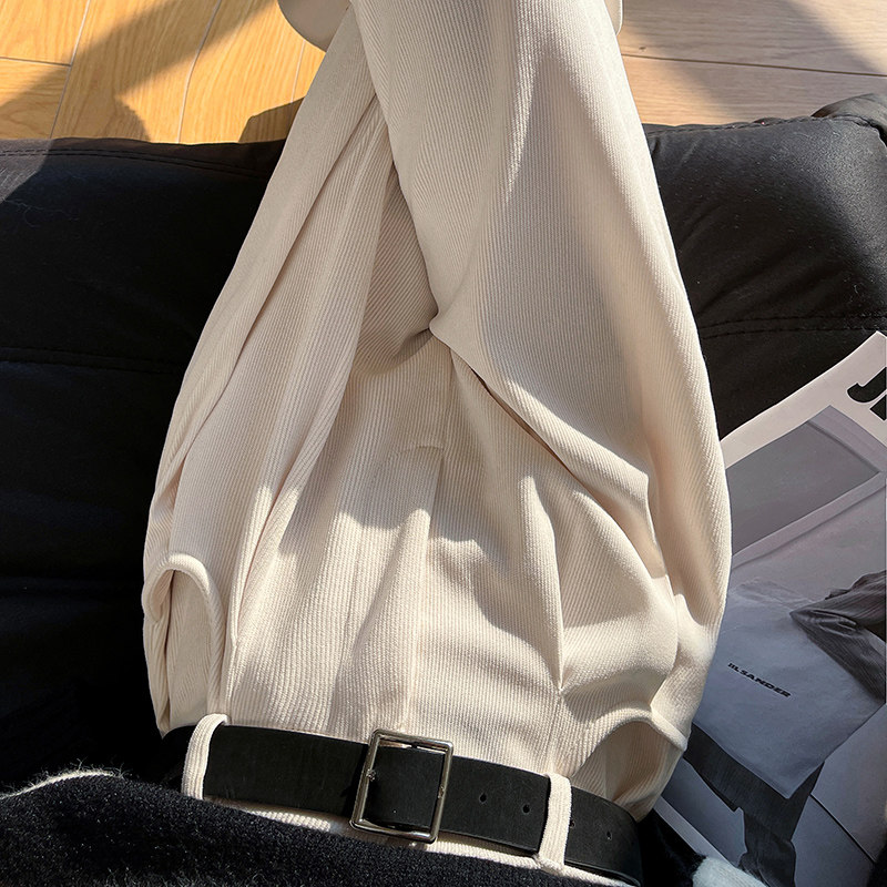 白色灯芯绒阔腿裤女秋冬季高腰高级感垂感直筒显瘦西装加绒休闲裤