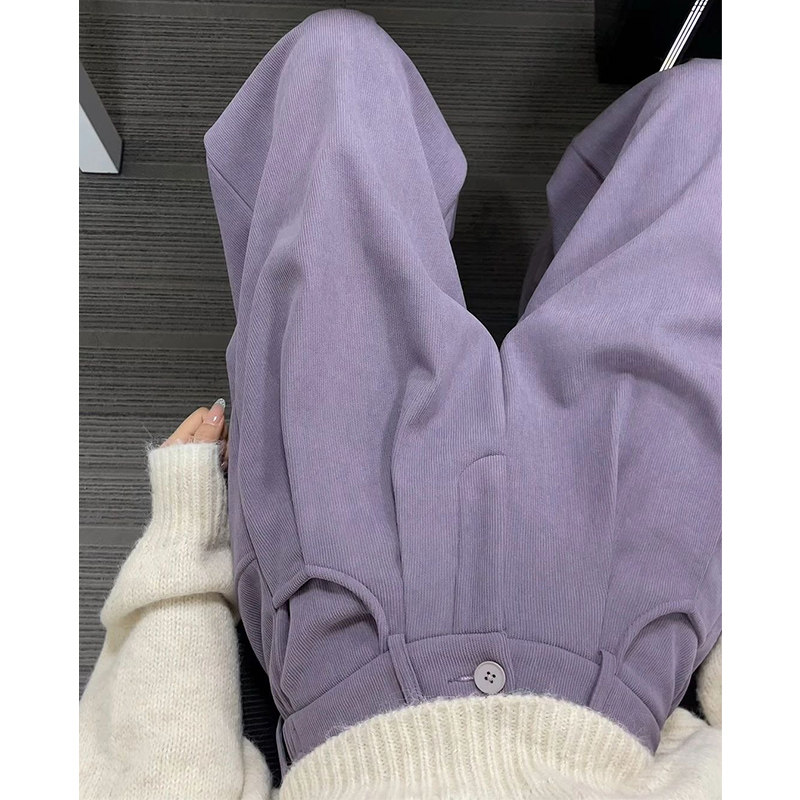 紫色灯芯绒阔腿裤女秋冬2026新款小个子高腰显瘦垂坠感加绒西装裤