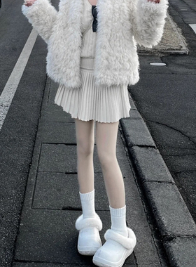 白色毛呢百褶裙女冬高腰显瘦梨形身材伯克利短裙小个子a字半身裙