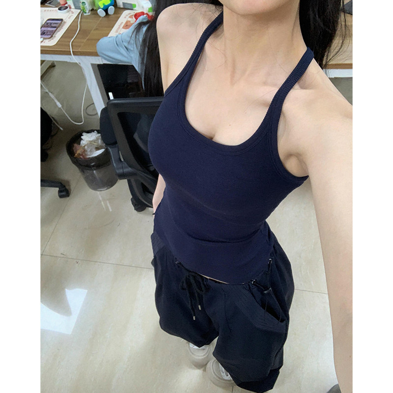 藏青色吊带背心女夏季内搭挂颈遮副乳带胸垫一体美背外穿无袖上衣