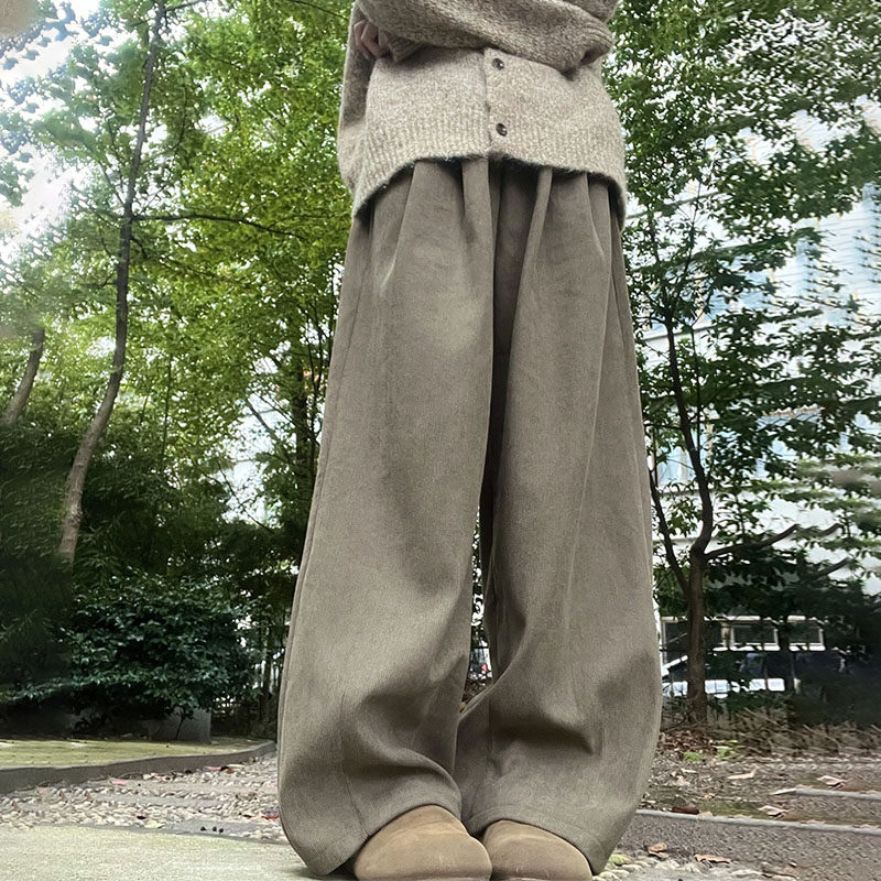 卡其色灯芯绒阔腿裤女秋冬2026新款宽松慵懒风高腰休闲加绒直筒裤