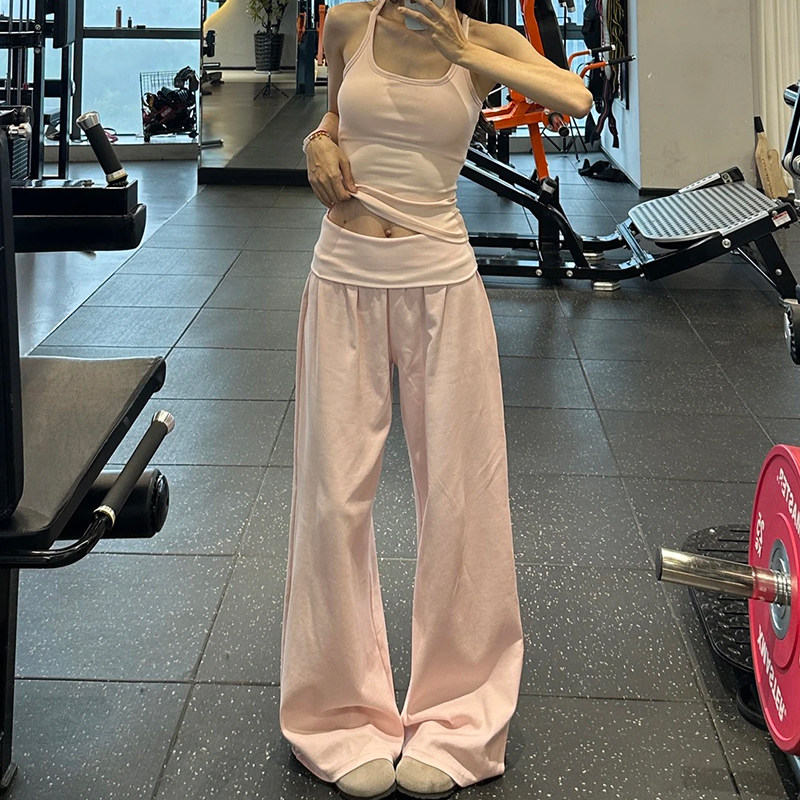 粉色翻腰运动裤女夏健身瑜珈裤子宽松bf慵懒风垂感休闲直筒0518r