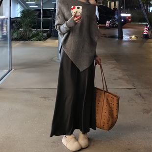 深灰色糯米半身裙女秋冬季 赫本风伞裙小个子a字包臀长裙 2025新款