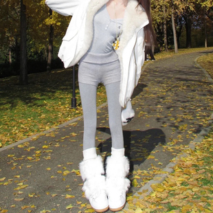 保暖加厚棉裤 灰色单裤 高腰紧身连脚秋裤 女冬外穿2026新款 袜 打底裤