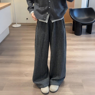 灰色毛呢弯刀裤女秋冬加绒加厚梨形报恩裤高腰保暖显瘦运动阔腿裤
