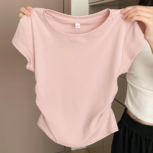 粉色圆领正肩短袖t恤女甜辣妹褶皱收腰修身小个子短款多巴胺上衣