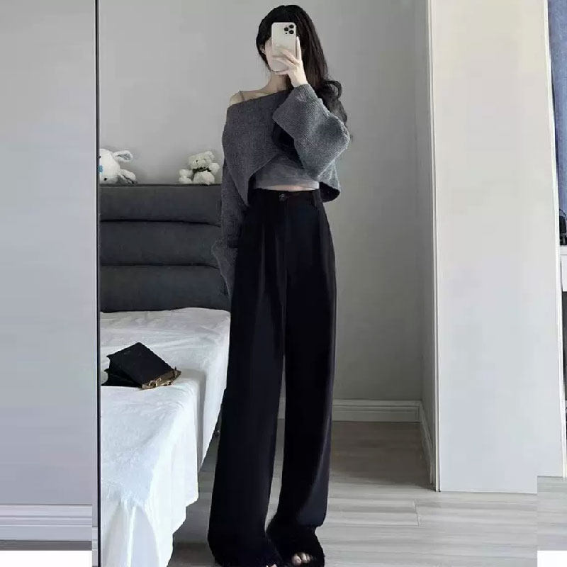 高腰西装裤女春秋高级感垂感2026年新款宽松直筒黑色小个子阔腿裤