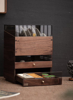 多层实木茶叶收纳盒 木质多层首饰盒 北美黑胡桃实木桌面储物盒