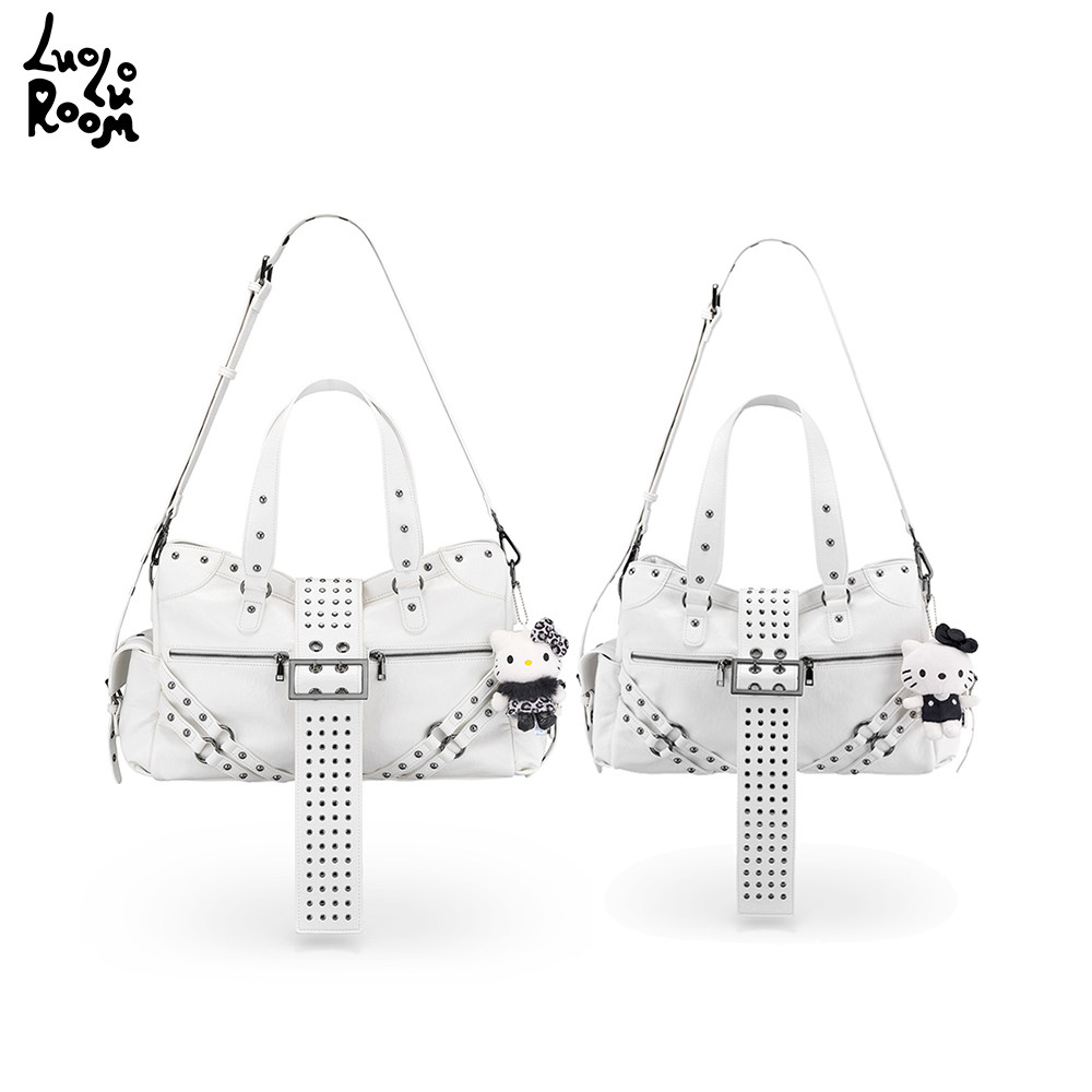 LuoLuoRoom原创正品"机车爱妃"铆钉机车单肩斜挎包白色(没有挂件)