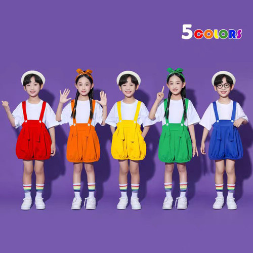 幼儿园六一舞蹈合唱比赛表演服装小学生背带裤儿童啦啦队演出服夏