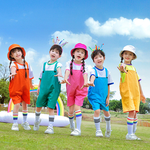 儿童六一啦啦服背带裤 糖果色短袖 幼儿园毕业班服男女童舞蹈演出服